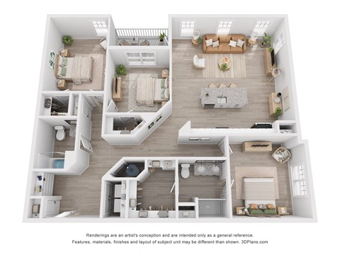 A 3D floor plan of a house with multiple rooms and furniture.